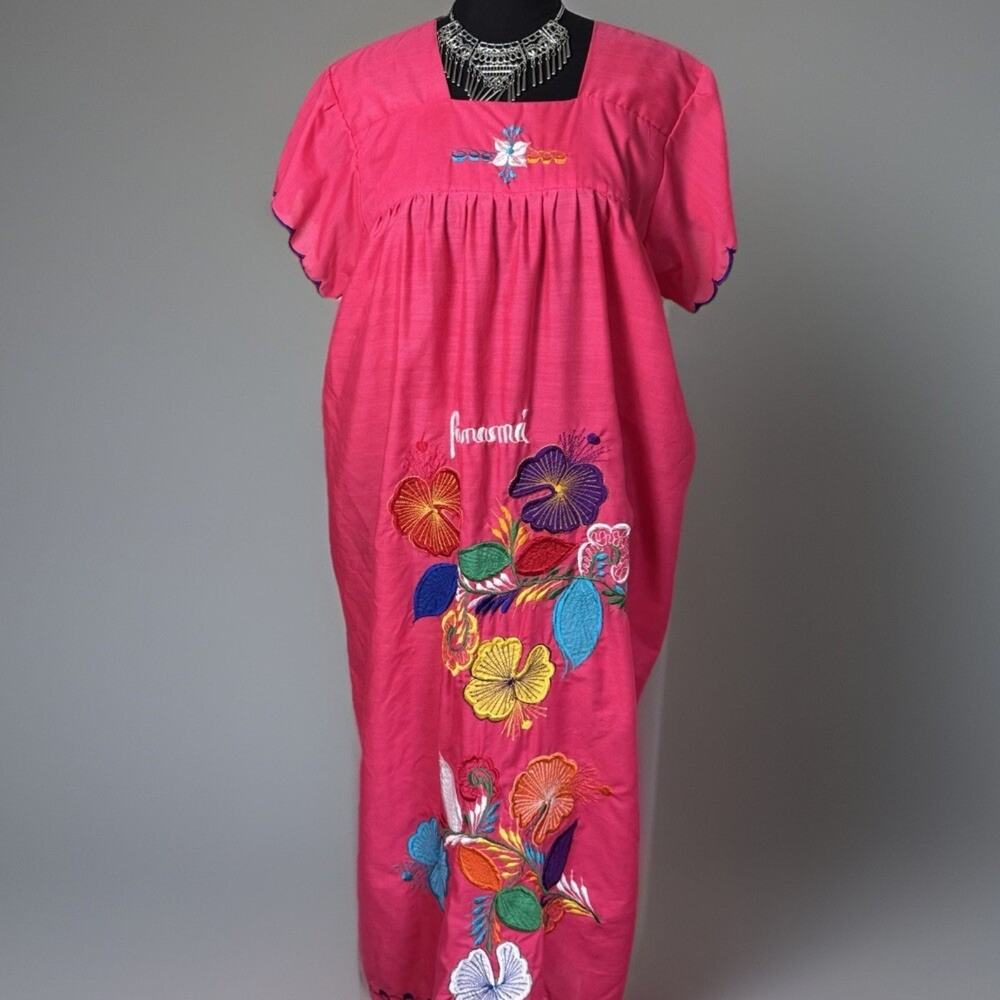 Vintage Panama Embroidered Caftan Dress Fuchsia Floral Muu Muu House Dress
